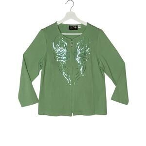 Bob Mackie Knit Jacket Womens Medium Green Sequin Phoenix Wearable Art Zip Close